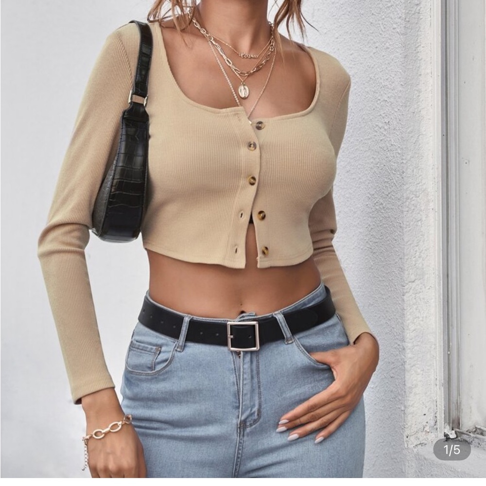 SHEIN Beige Button-Up Crop Top